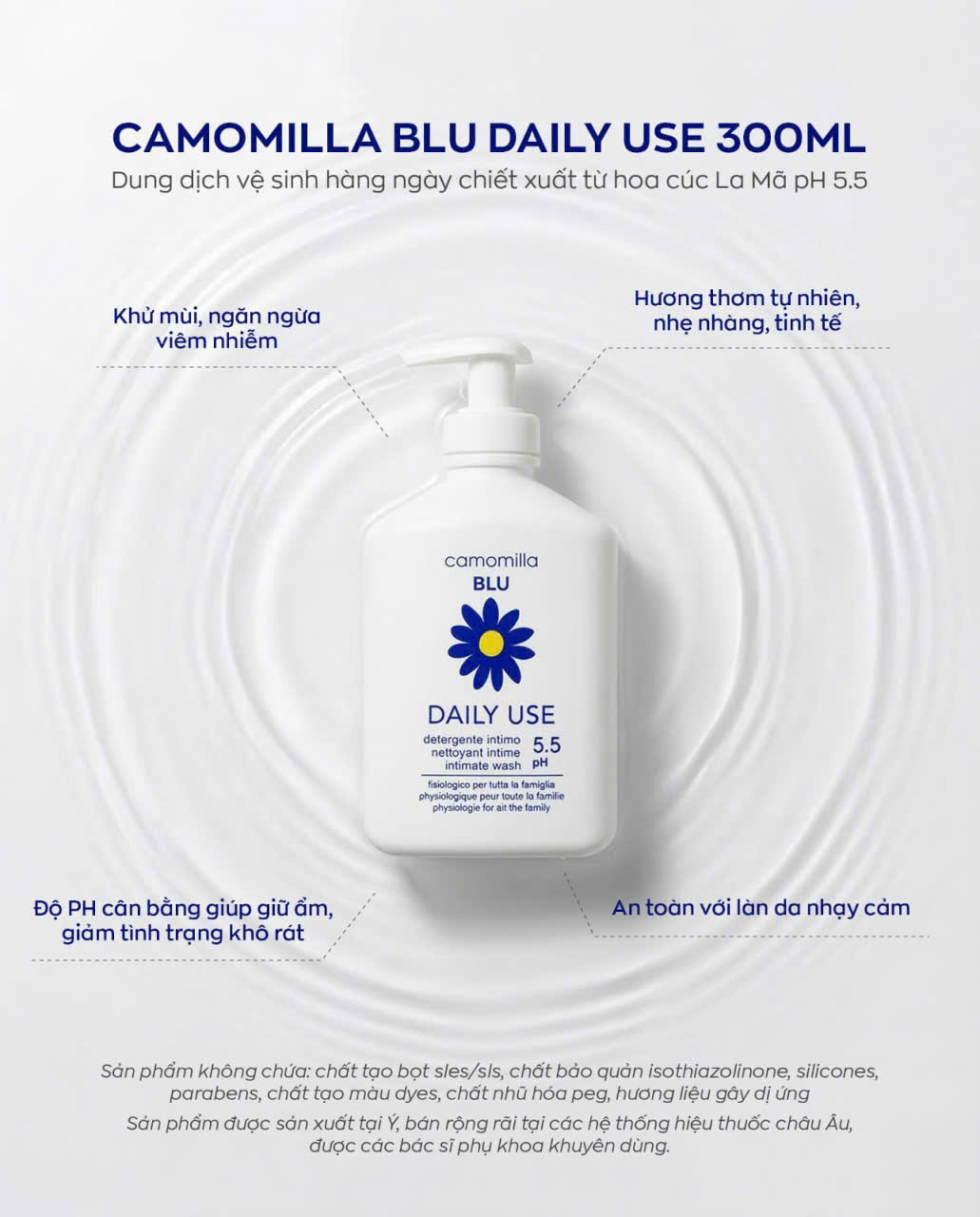 Dung dịch vệ sinh vùng kín Camomilla BLU Daily Use pH 5.5 300ml
